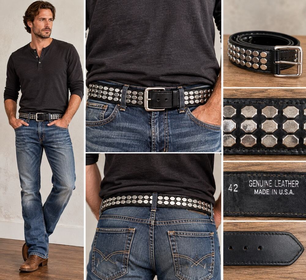 Vintage USA Made Black Genuine Leather Studded Belt Size 42 Silver Hex Rivets